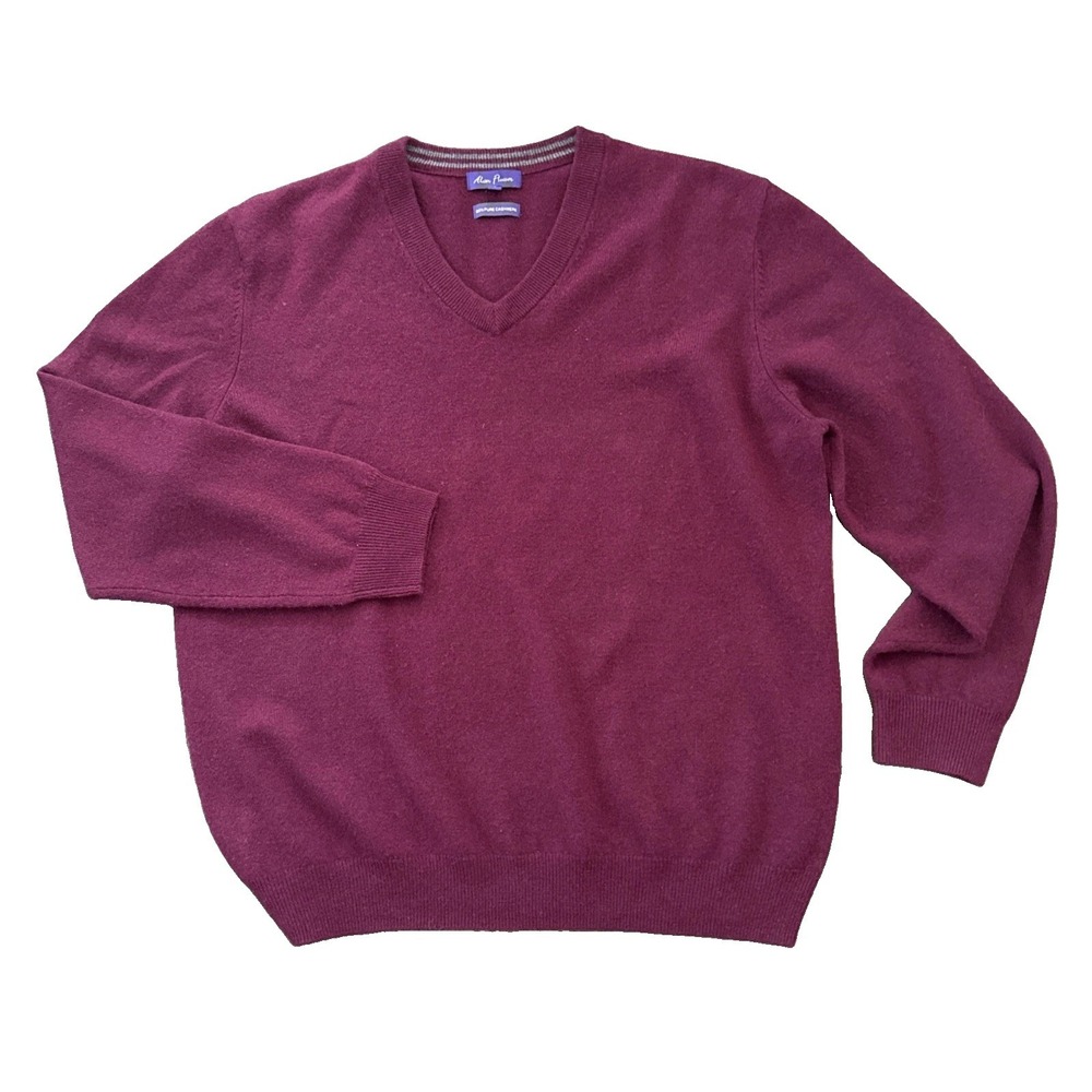 Alan‎ Flusser 100% Cashmere Sweater Men Large V-Neck Burgundy Red Pullover Knit